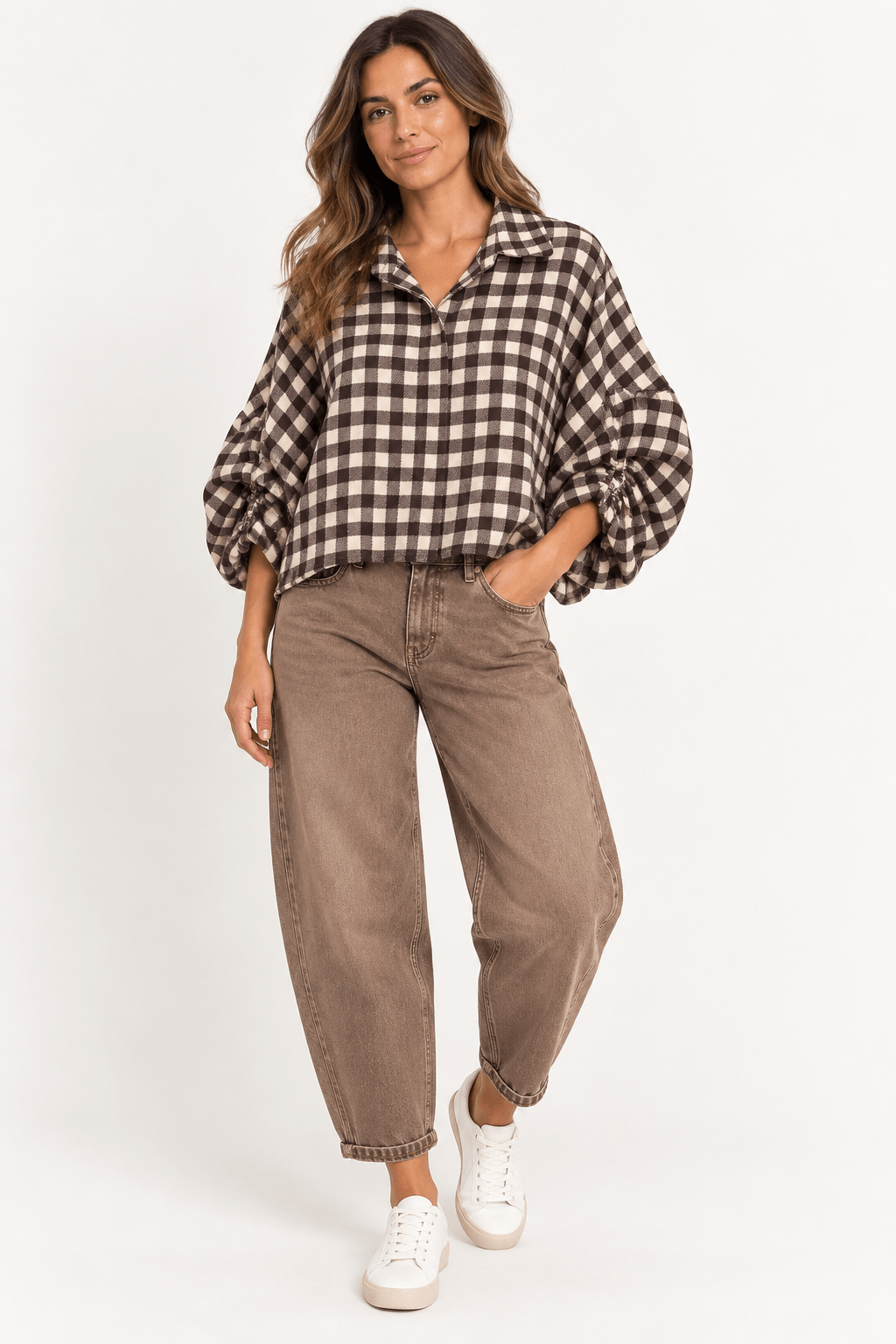 Jackson Plaid Bubble Sleeve Shirt | Chocolate & Biscuit