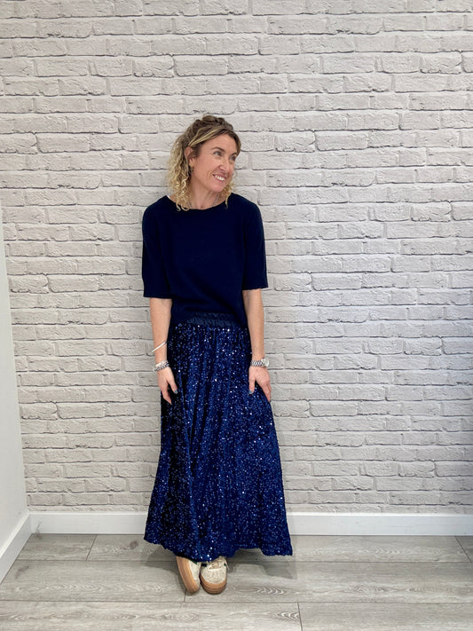 Lopez Velvet Sequin Maxi Skirt | Navy