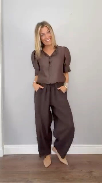 Rio Linen Barrel Trousers | Chocolate