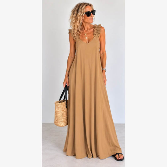 Sumatra Frill Strap Maxi Dress | Camel