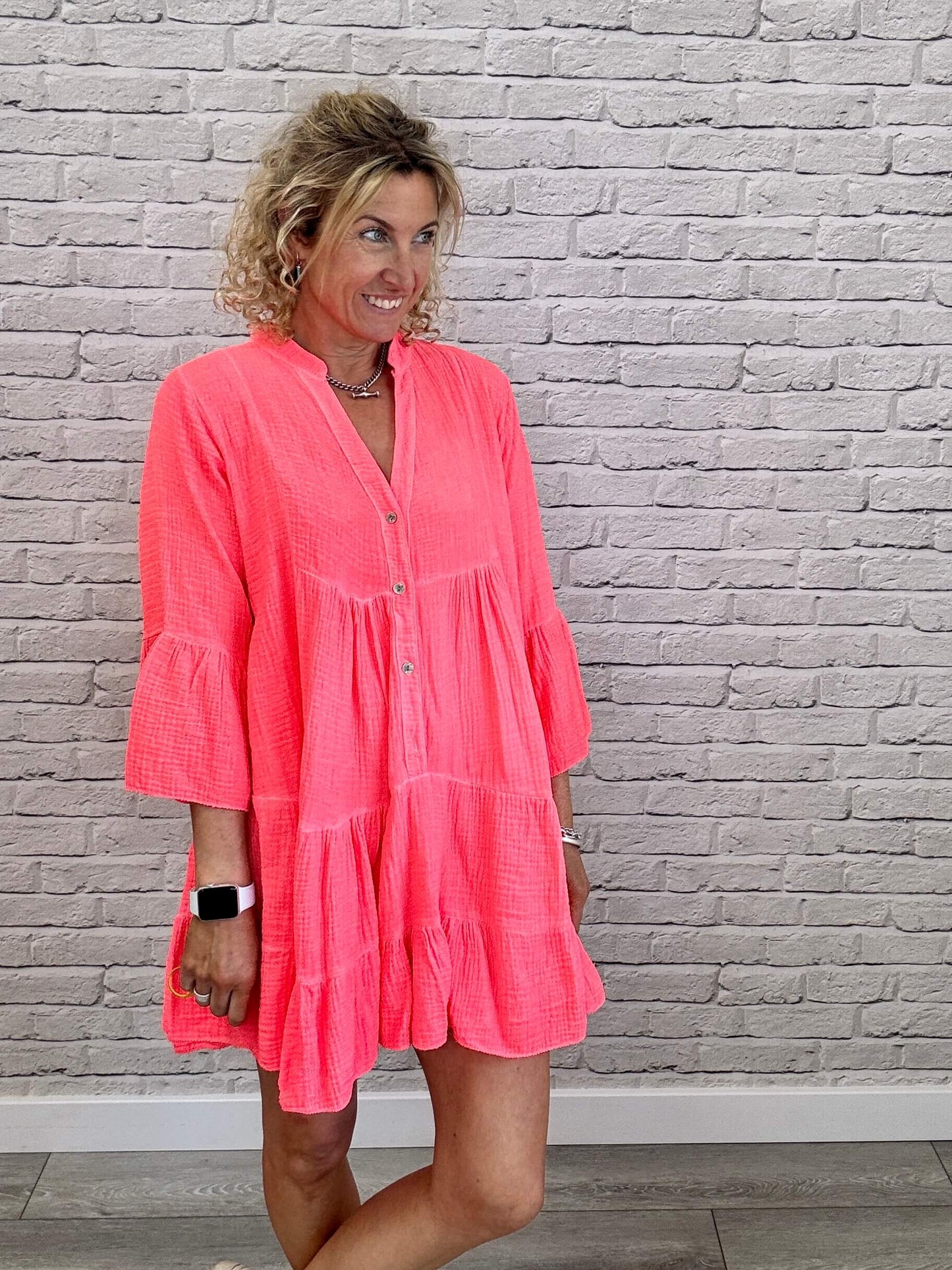 Sienna Long Sleeve Swing Dress | Neon Coral