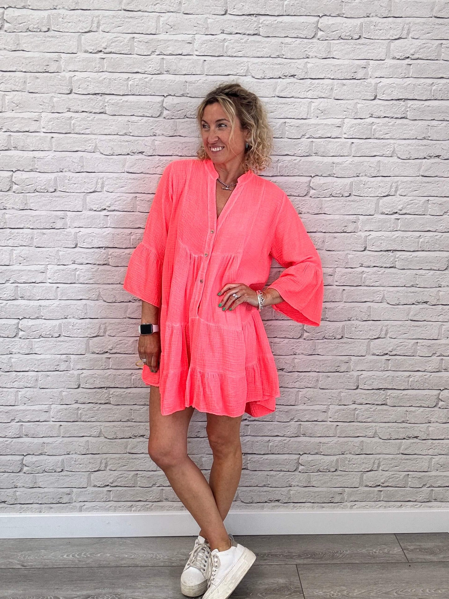 Sienna Long Sleeve Swing Dress | Neon Coral