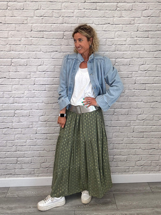 Seville Maxi Skirt | Lighter Khaki & Gold