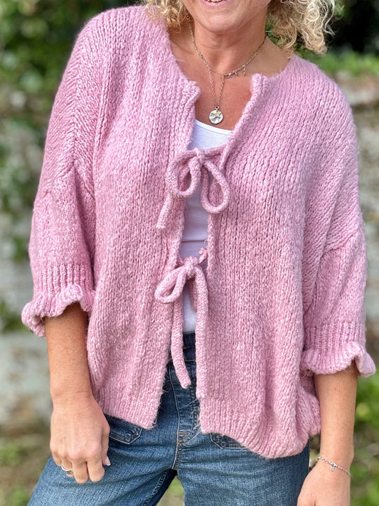 Front Tie Bow Cardigan | Pink