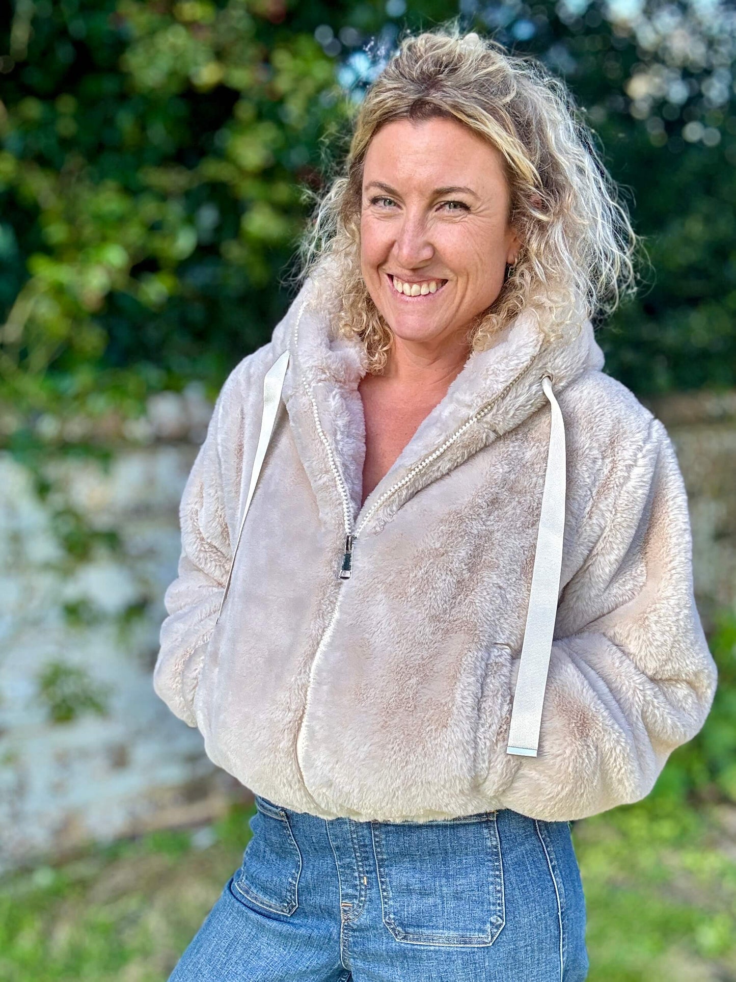 Faux Fur Hooded Bomber | Beige