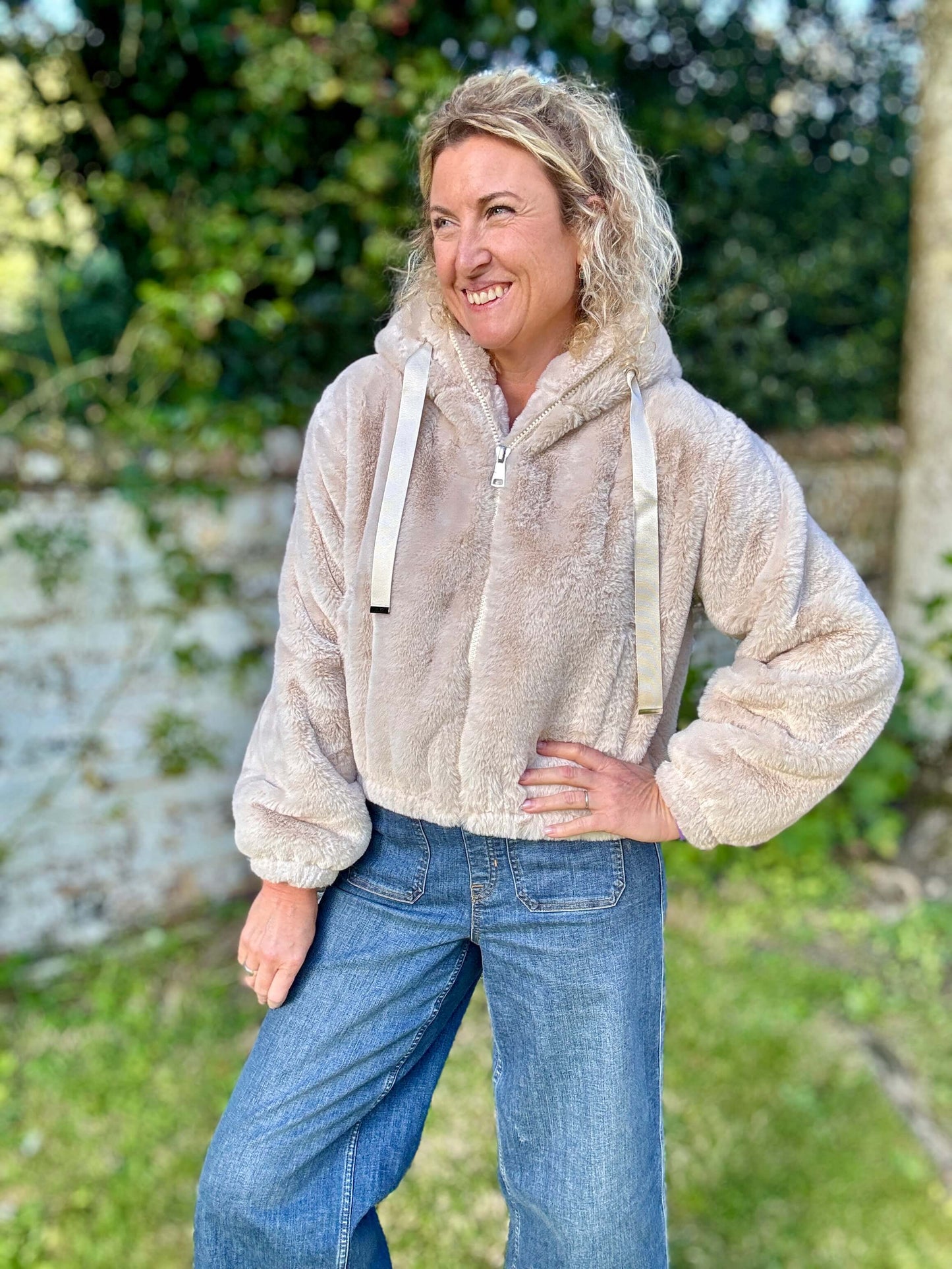 Faux Fur Hooded Bomber | Beige