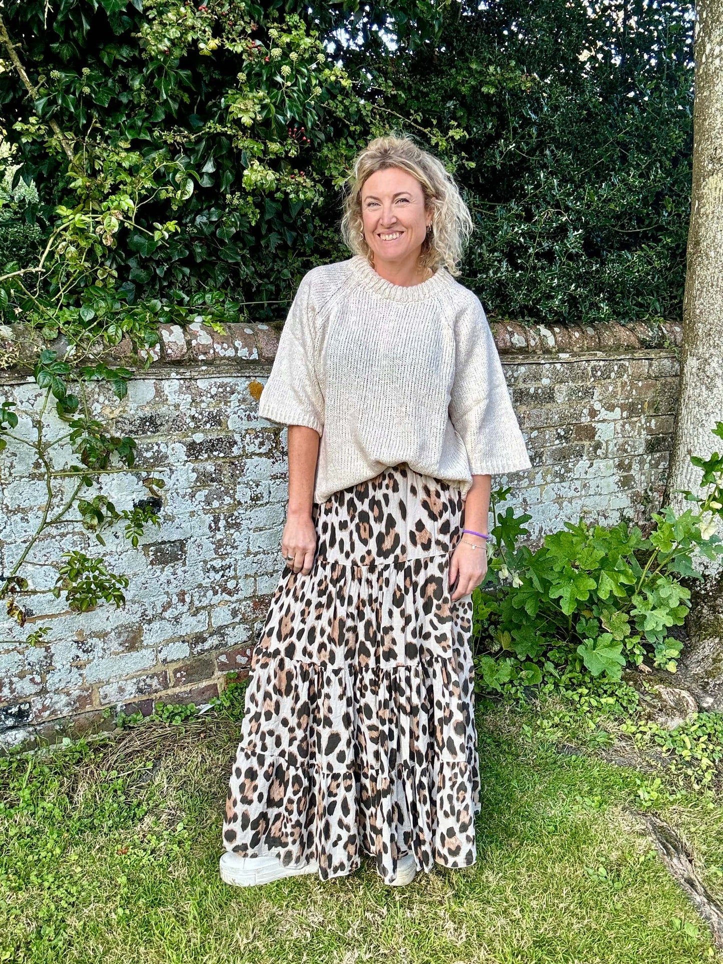 Beige Leopard Print Maxi Skirt