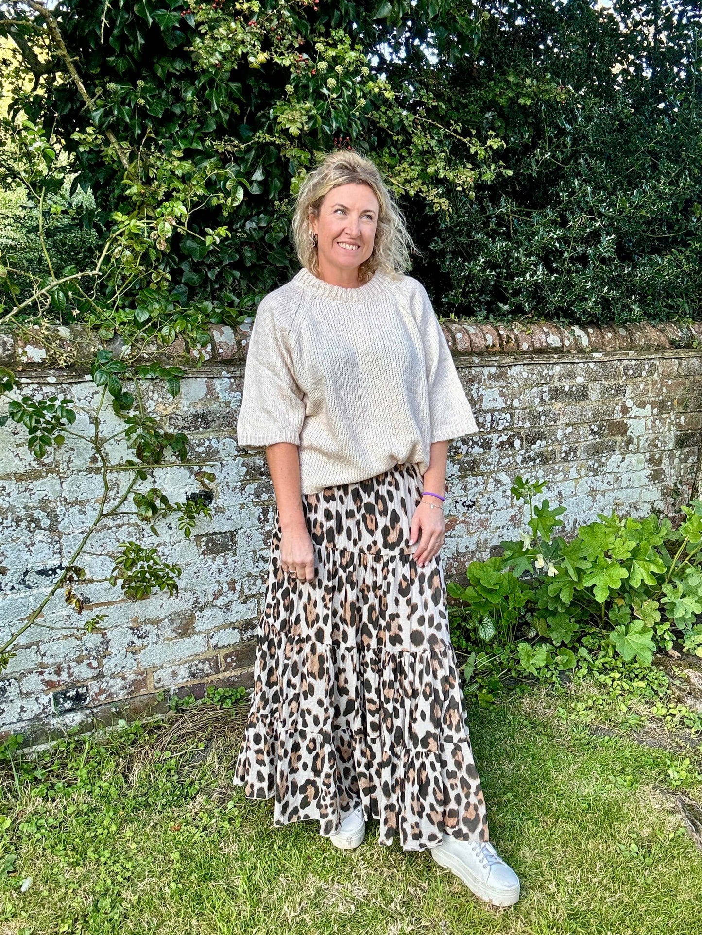 Beige Leopard Print Maxi Skirt