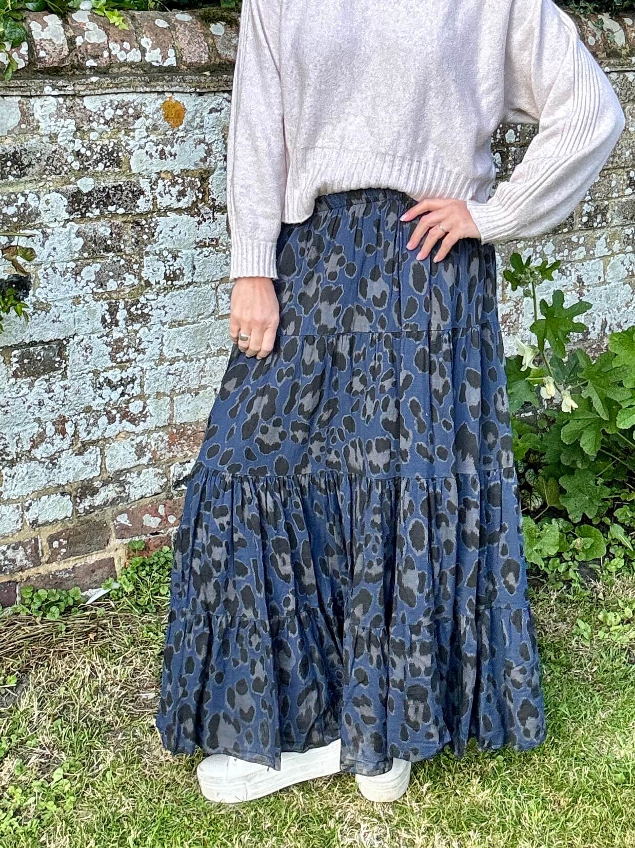 Navy Leopard Print Maxi Skirt