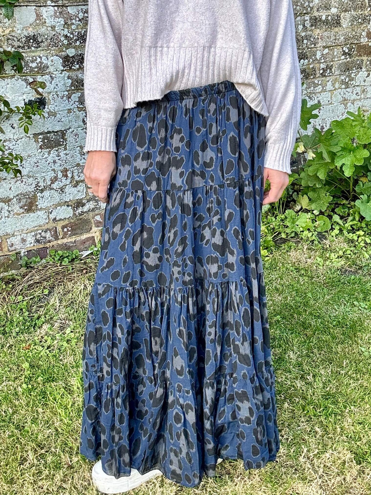 Navy Leopard Print Maxi Skirt