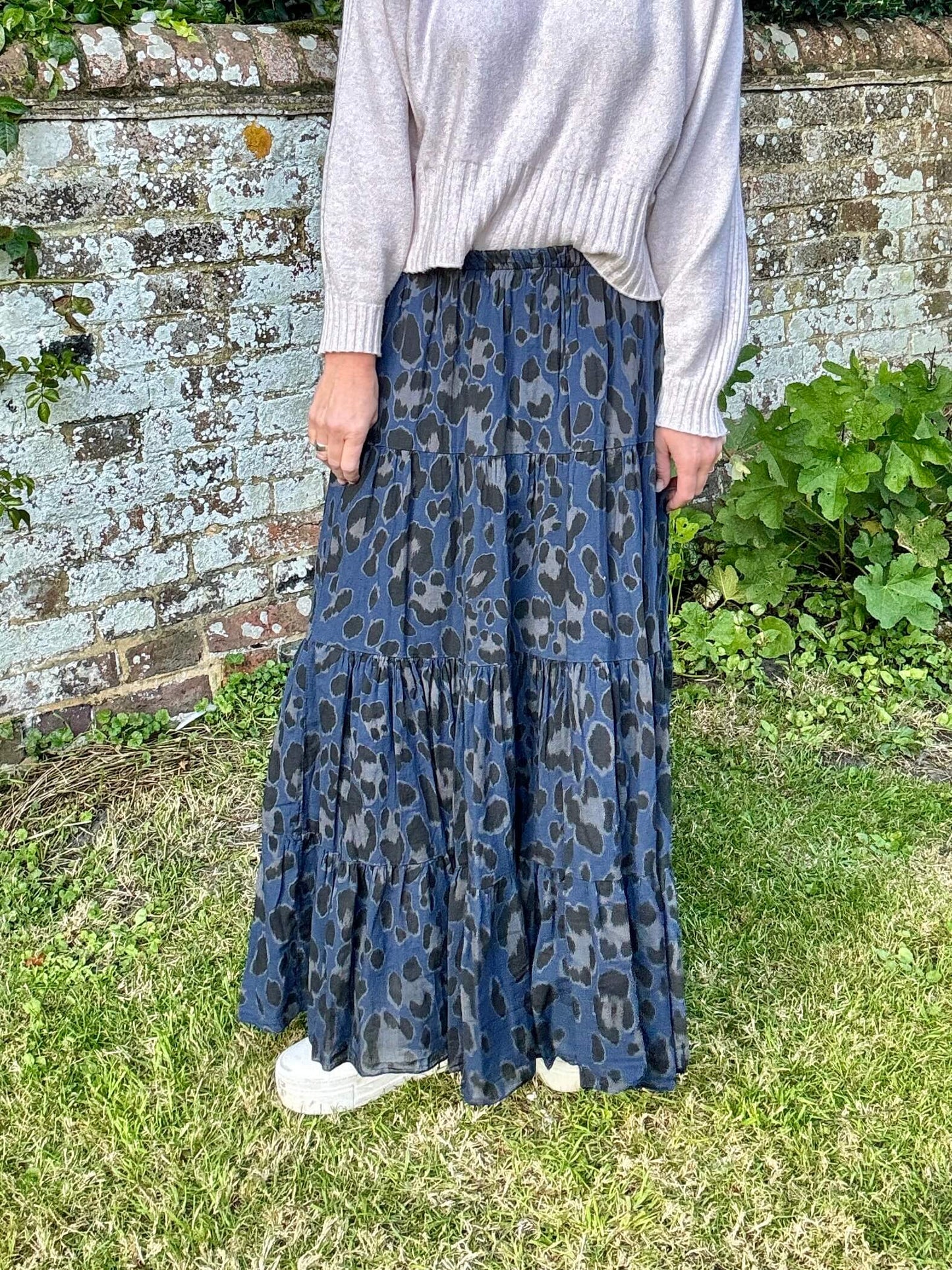 Navy Leopard Print Maxi Skirt