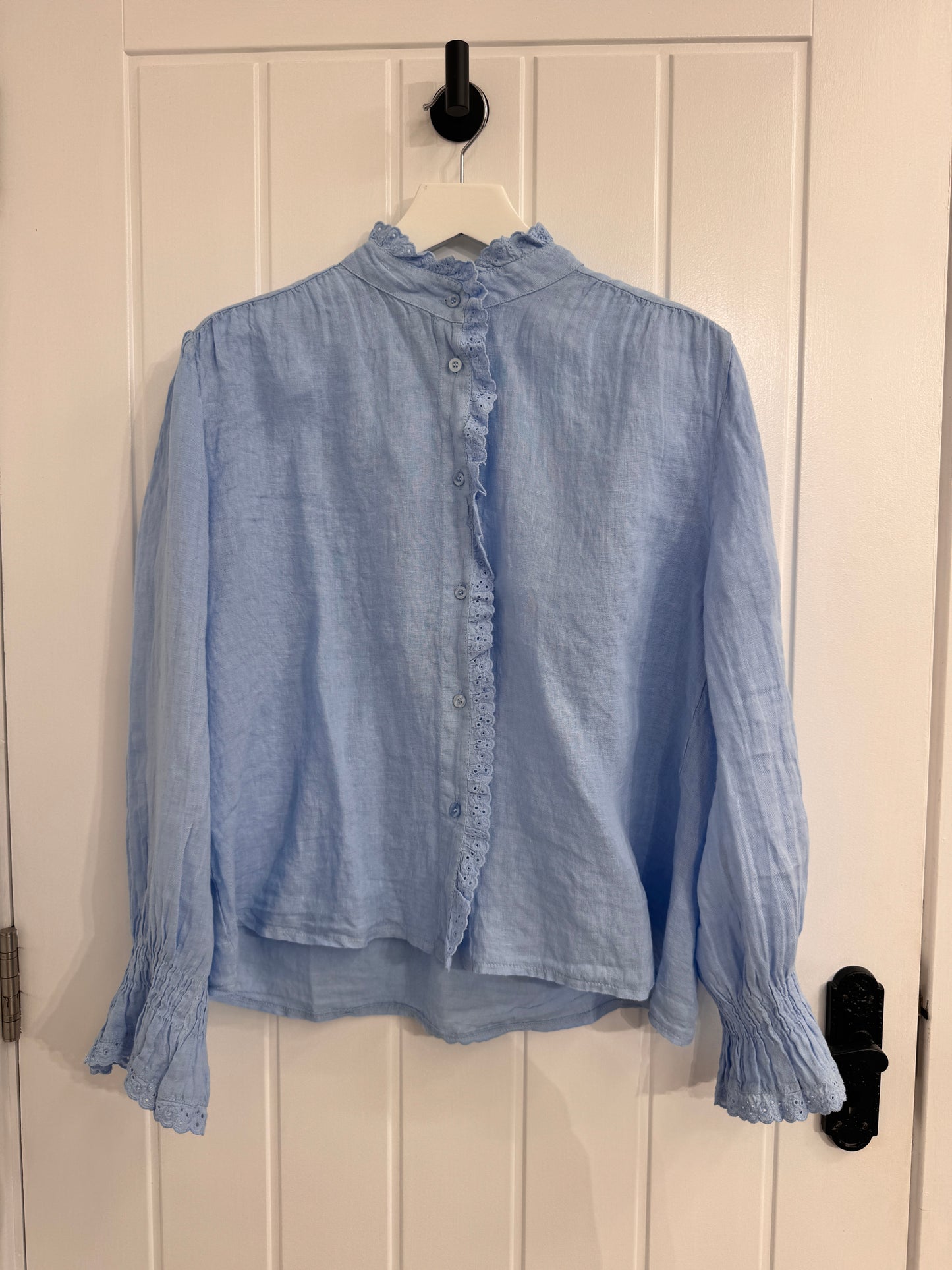 Light Blue Linen Ruffle Blouse