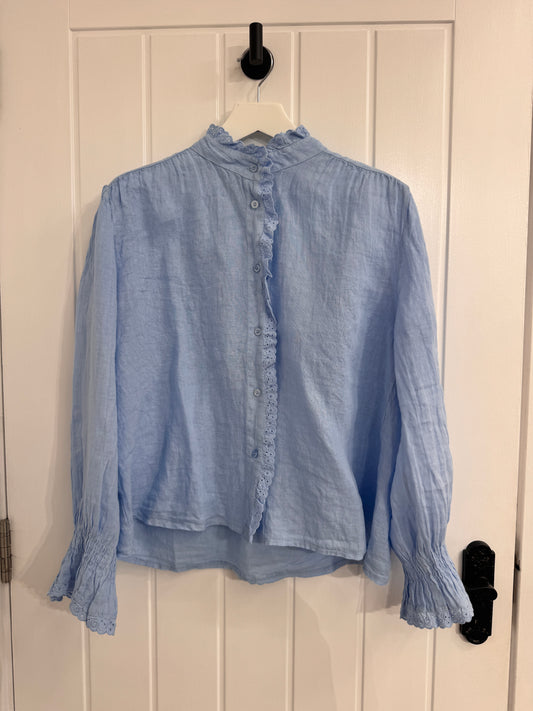 Light Blue Linen Ruffle Blouse