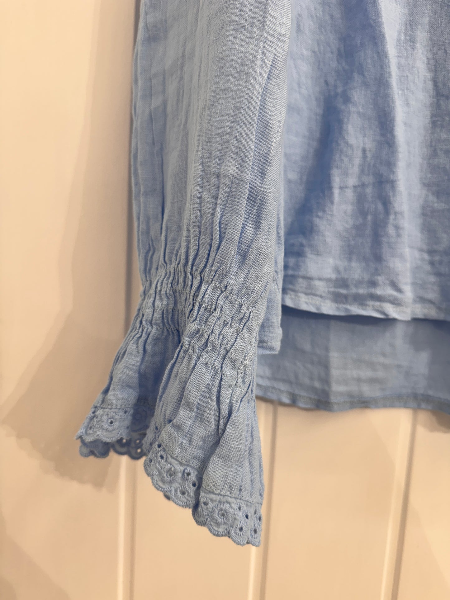 Light Blue Linen Ruffle Blouse