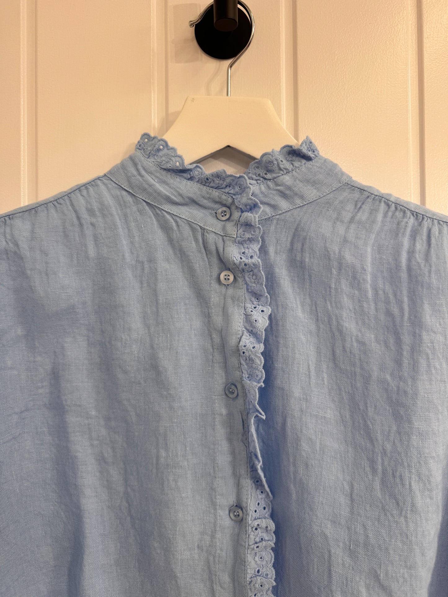 Light Blue Linen Ruffle Blouse