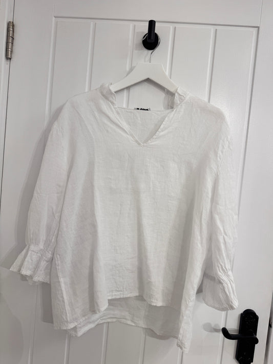 White Linen Frill Cuff Blouse