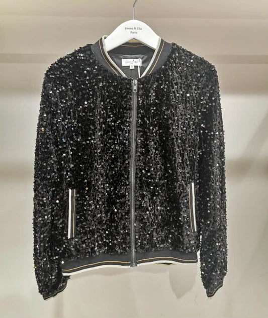 Black Sequin Bomber Jacket