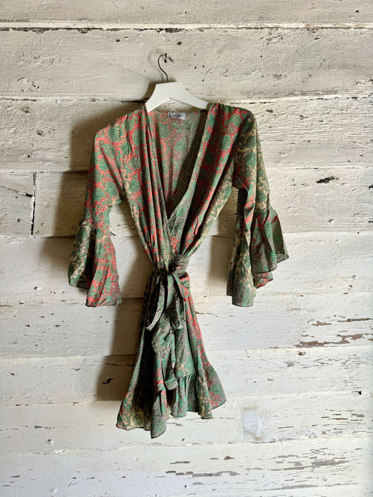 Short Wrap Dress | Green & Orange