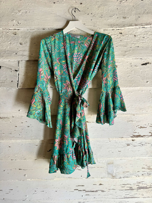 Short Wrap Dress | Green & Pink