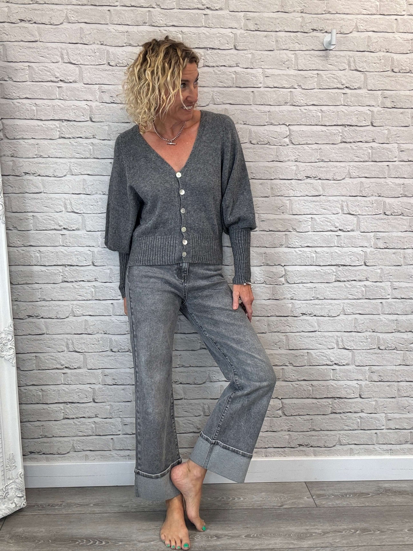 Rockafella High Waist Cuffed Jeans | Washed Grey