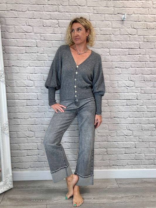 Rockafella High Waist Cuffed Jeans | Washed Grey
