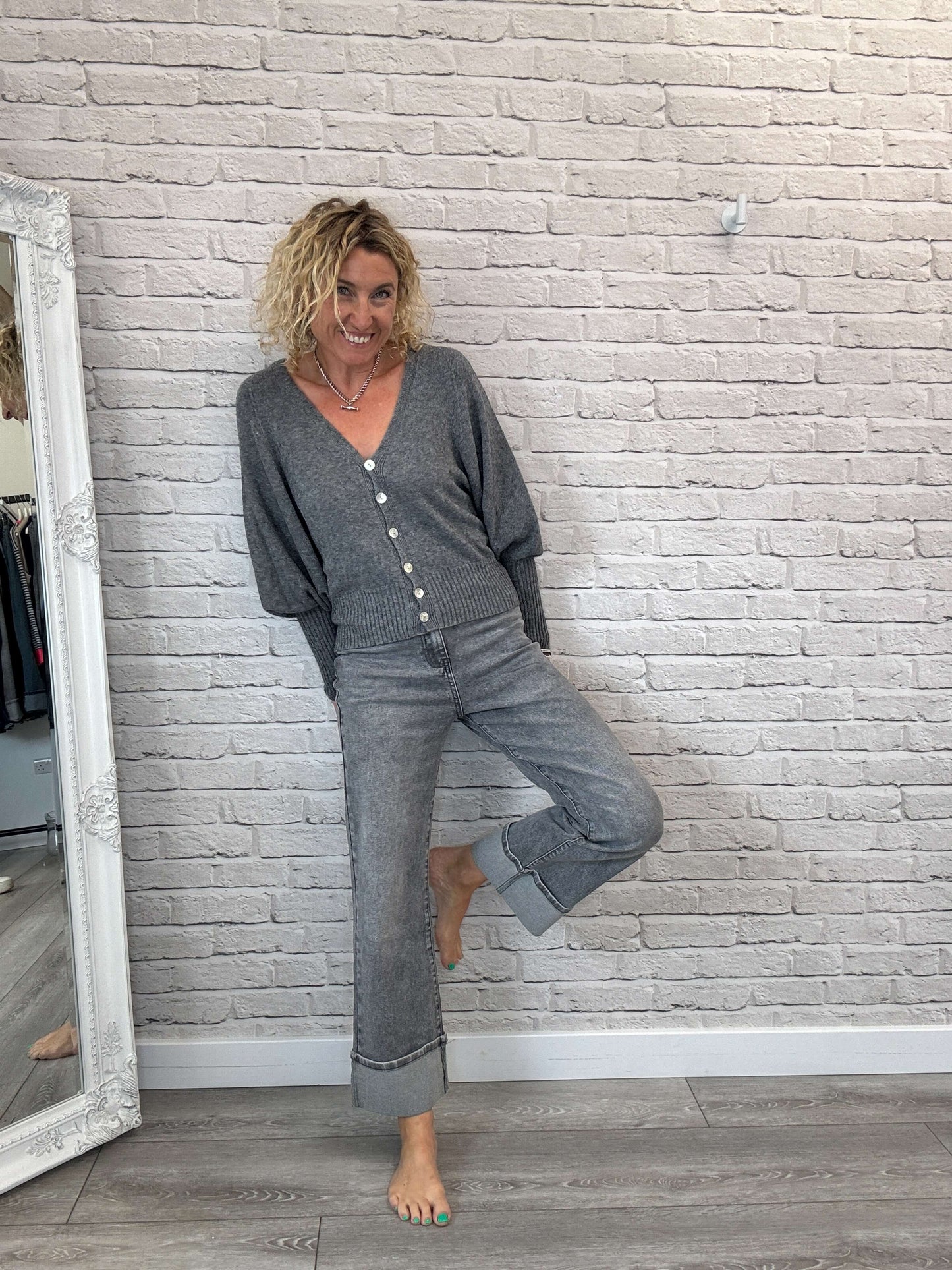 Rockafella High Waist Cuffed Jeans | Washed Grey
