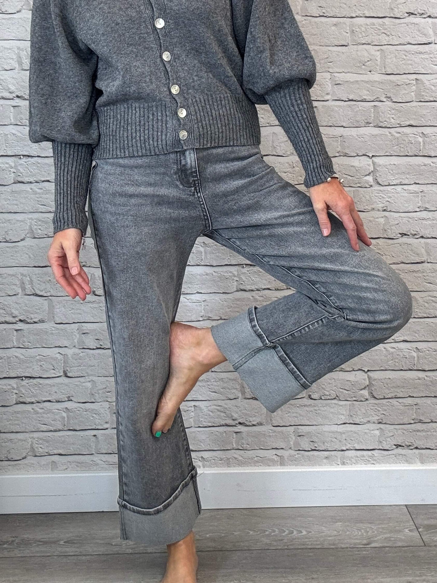 Rockafella High Waist Cuffed Jeans | Washed Grey