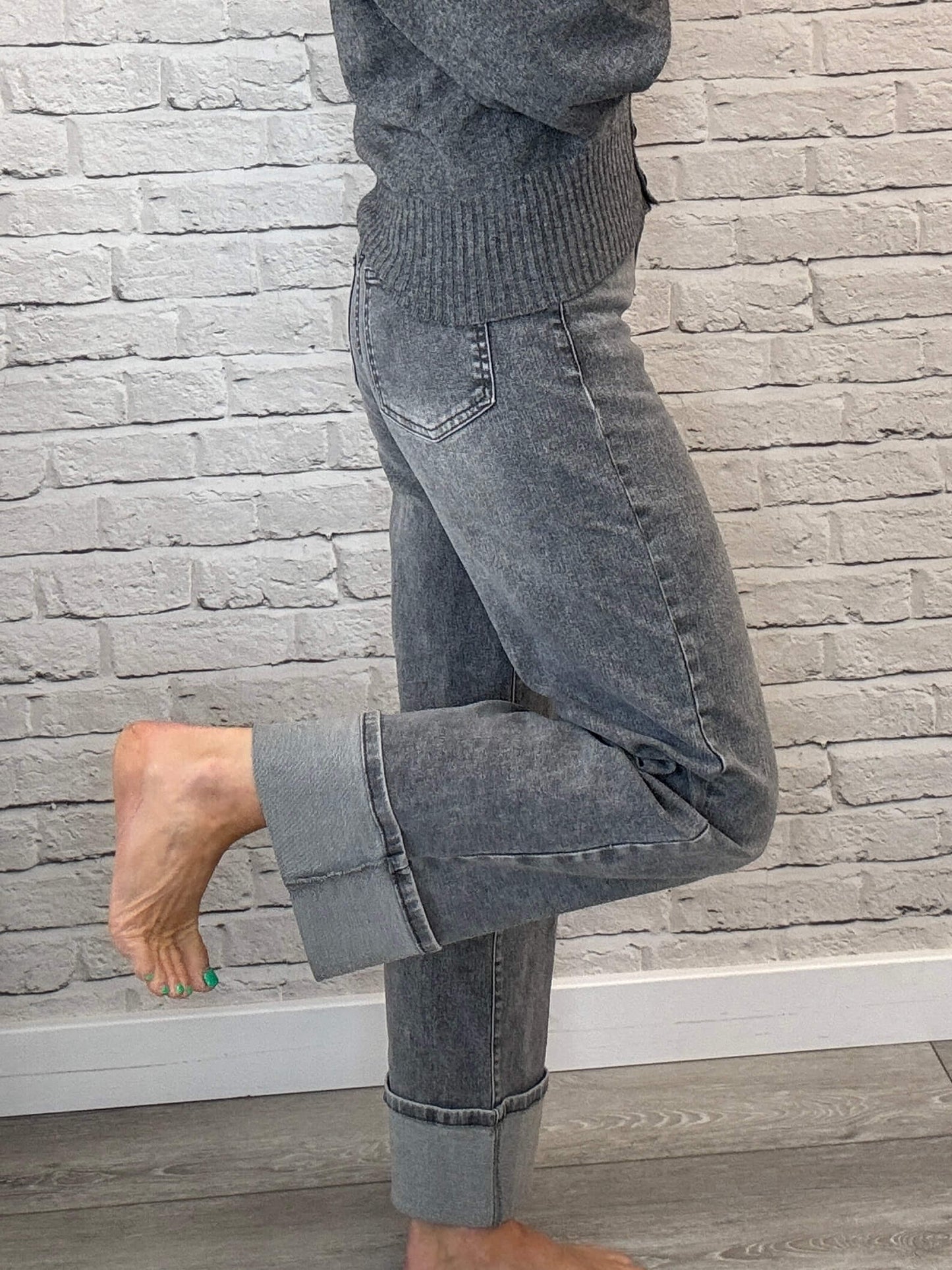 Rockafella High Waist Cuffed Jeans | Washed Grey