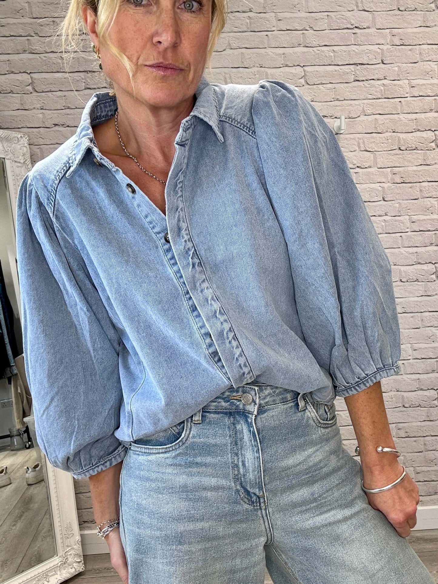 Puff Shoulder Denim Shacket