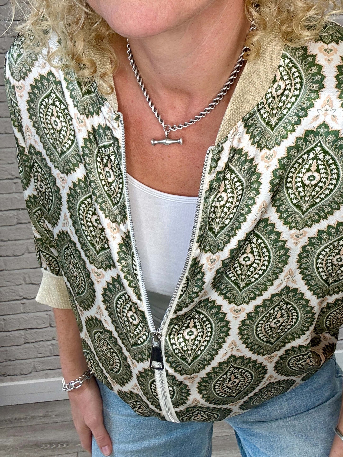 Enya Mix Silk Bomber | Khaki & Gold