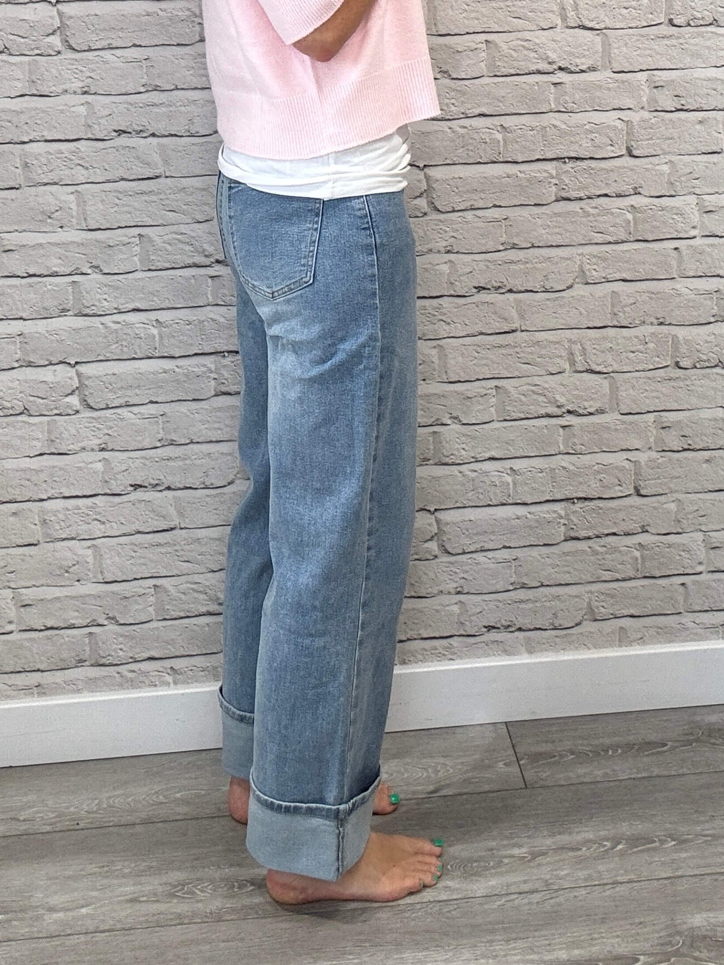 Rockafella High Waist Cuffed Jeans | Faded Denim