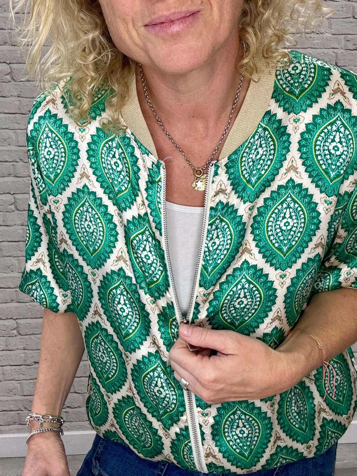 Enya Mix Silk Bomber | Emerald & Gold