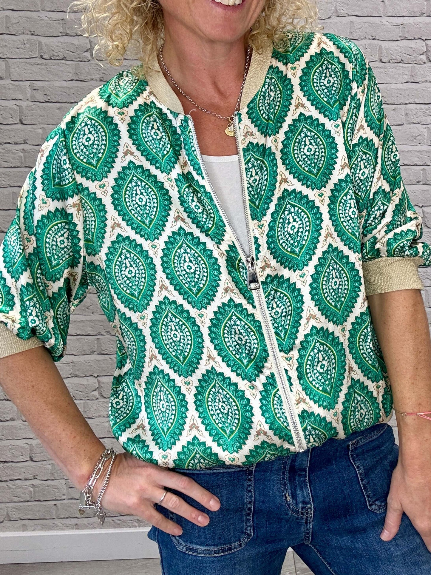 Enya Mix Silk Bomber | Emerald & Gold