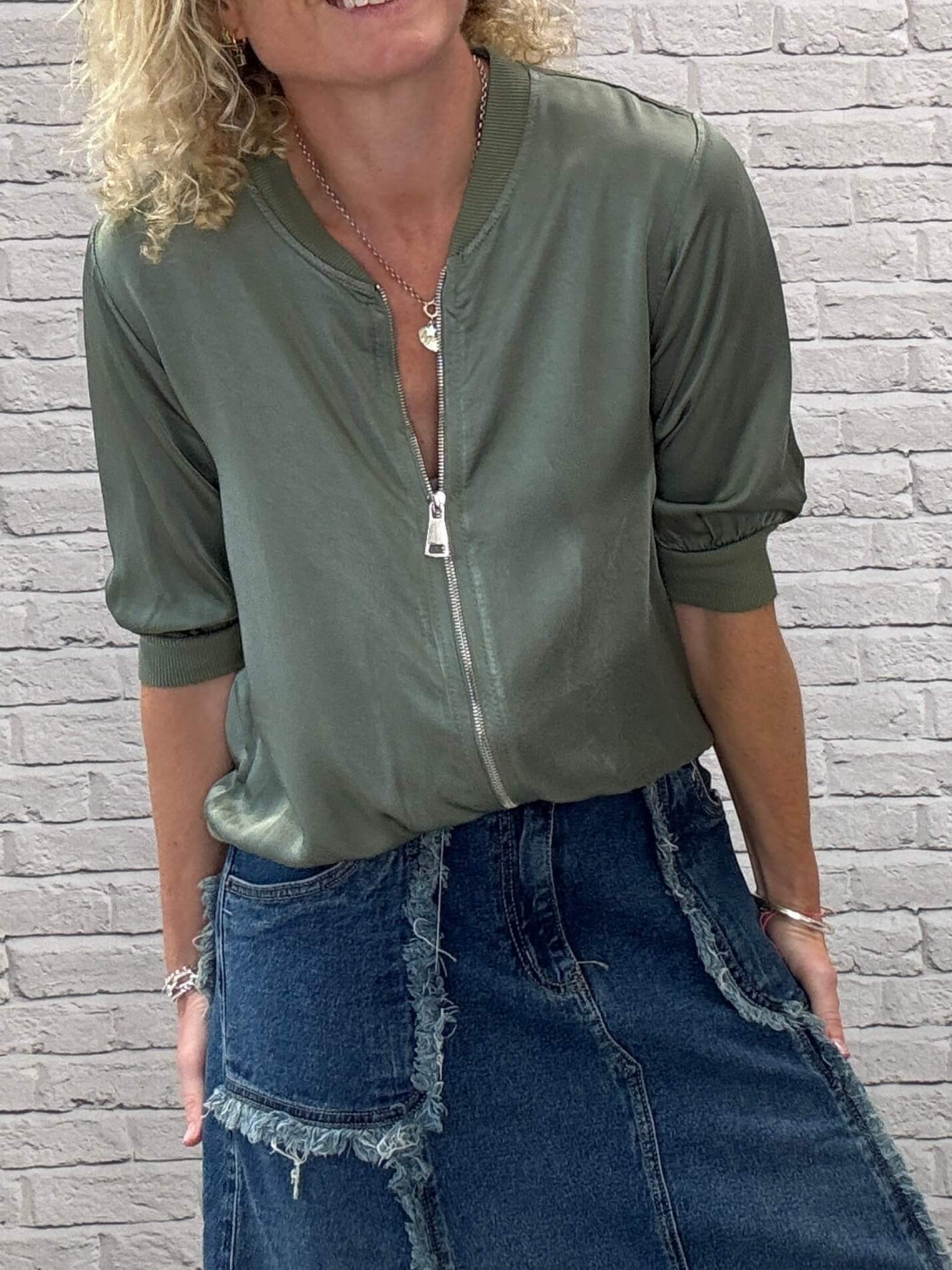 Rene Mix Silk Bomber | Khaki