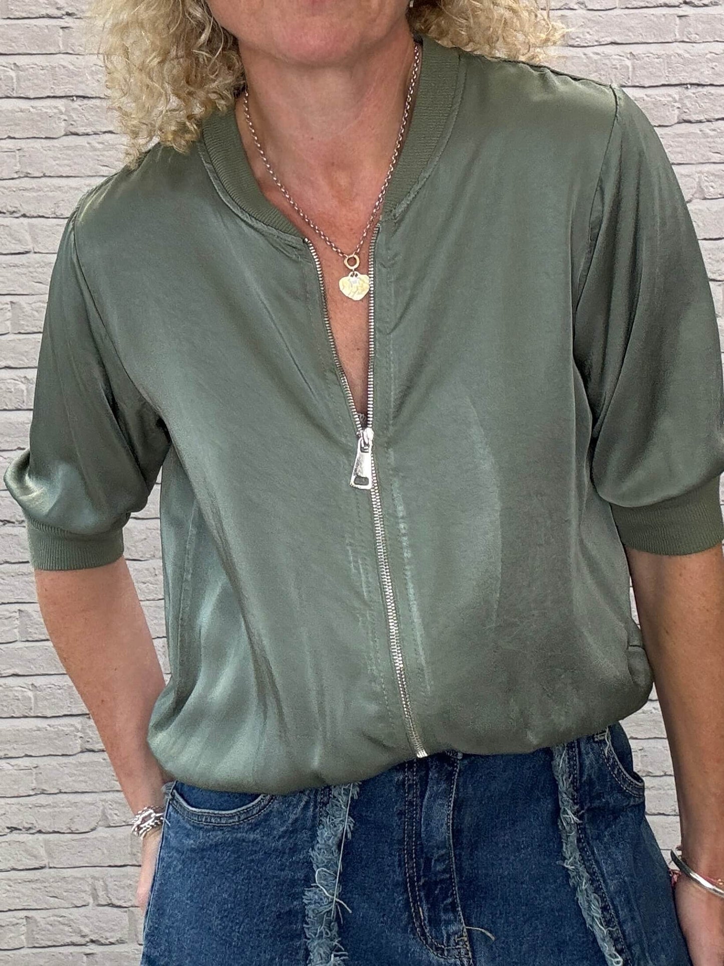 Rene Mix Silk Bomber | Khaki