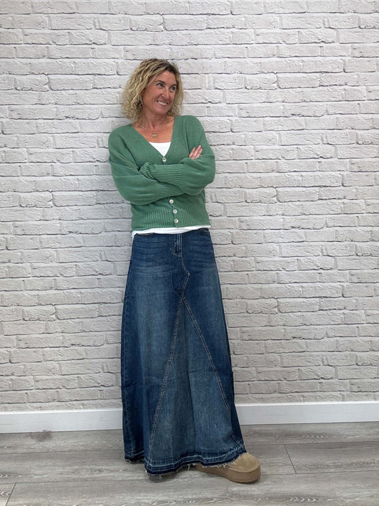 The Brixton Flared Denim Maxi Skirt