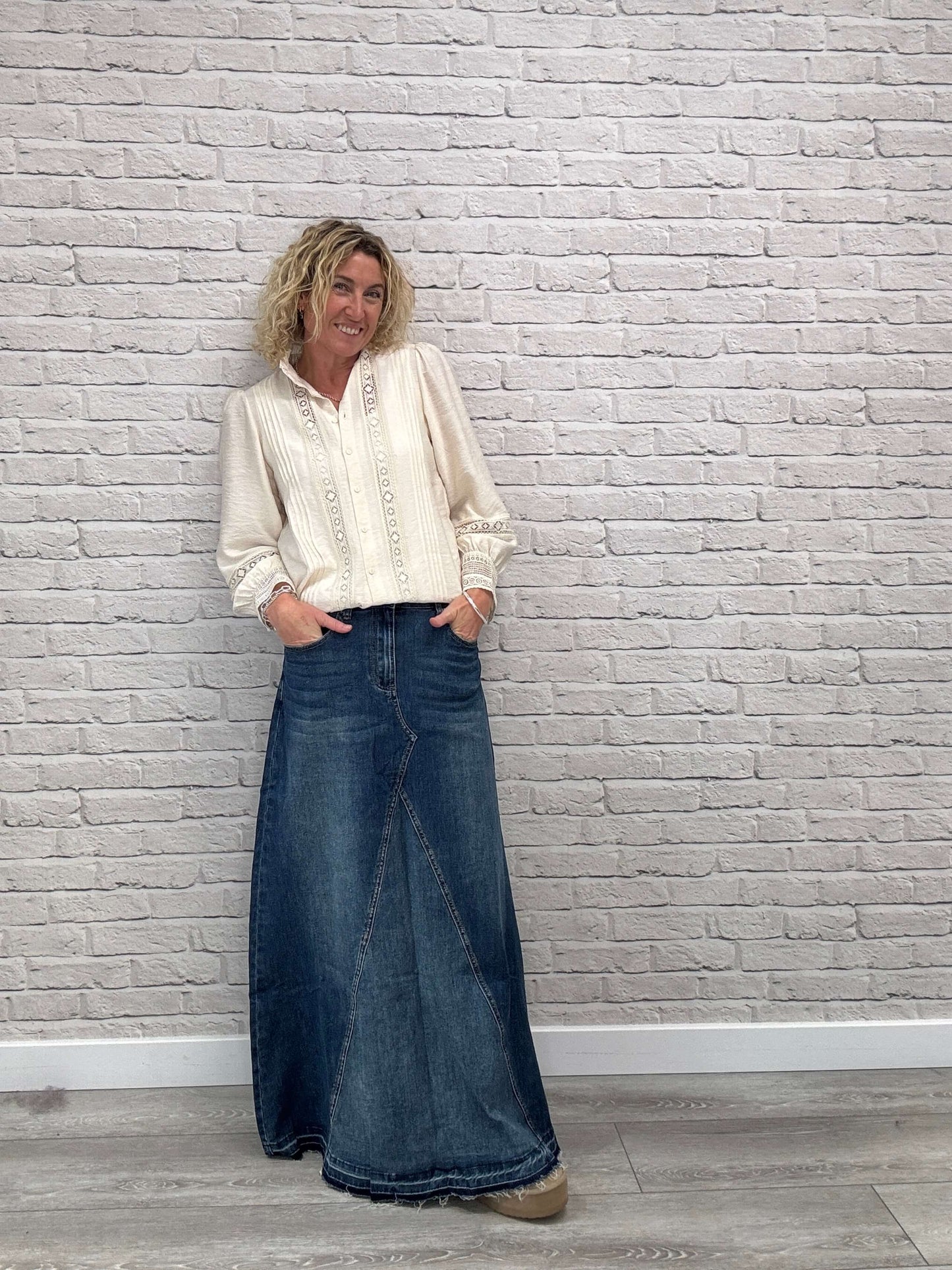 The Brixton Flared Denim Maxi Skirt