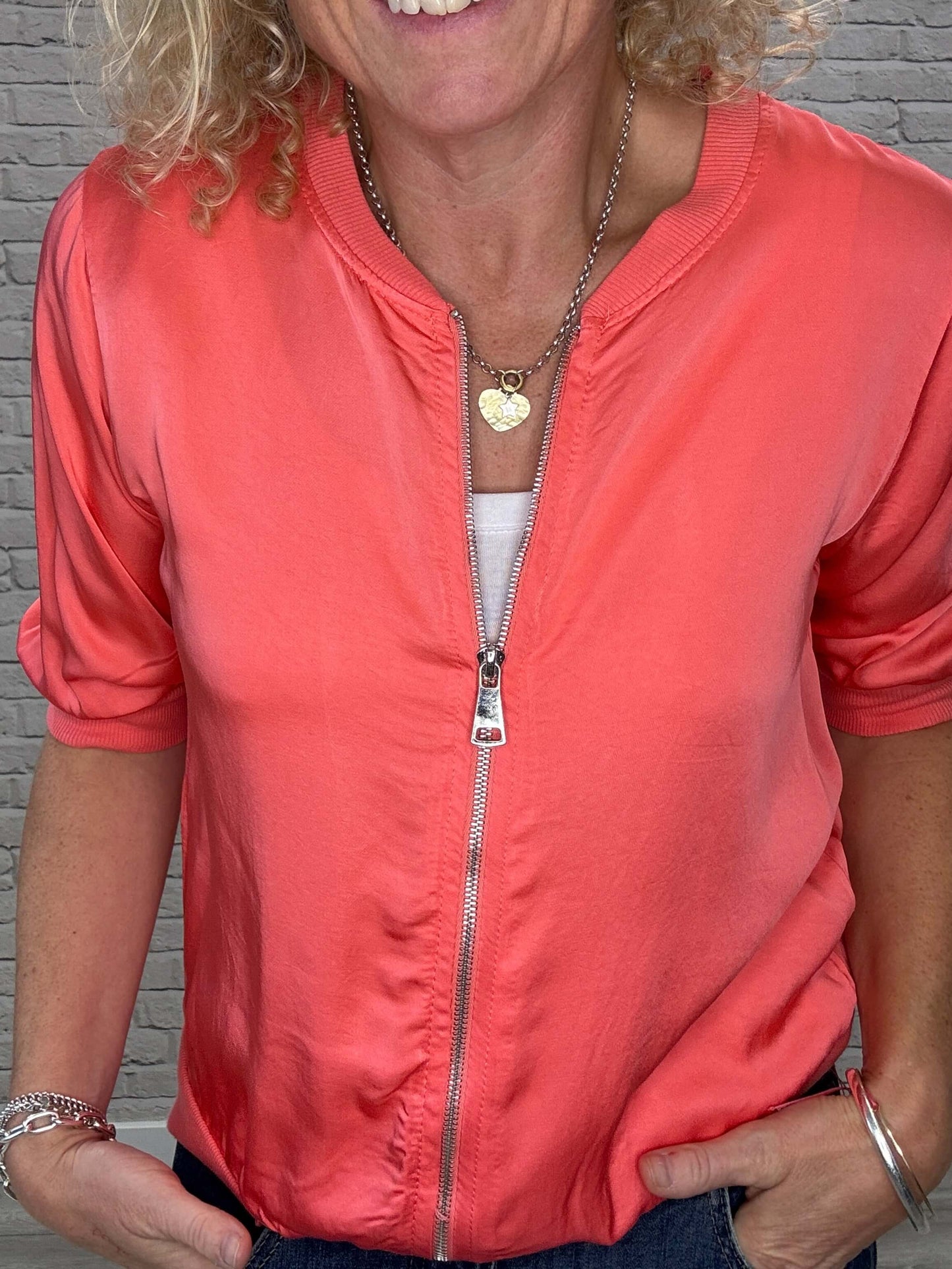 Rene Mix Silk Bomber | Coral