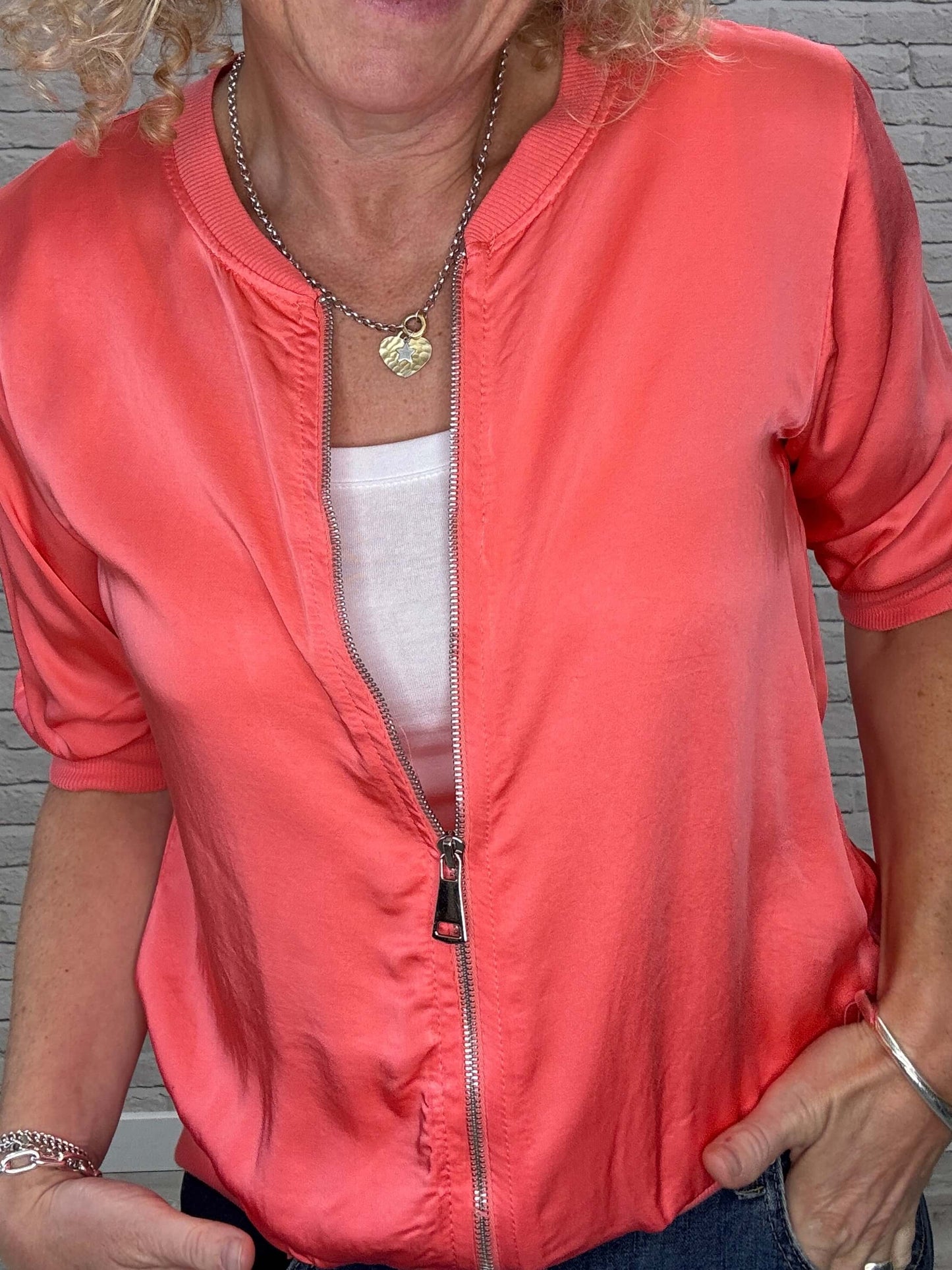 Rene Mix Silk Bomber | Coral