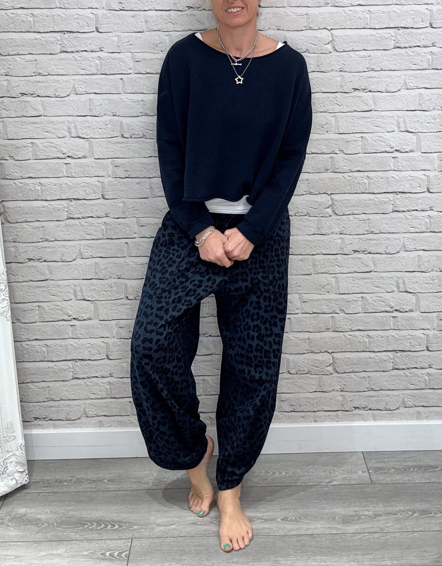 Barrel Slouch Pants | Navy Leopard