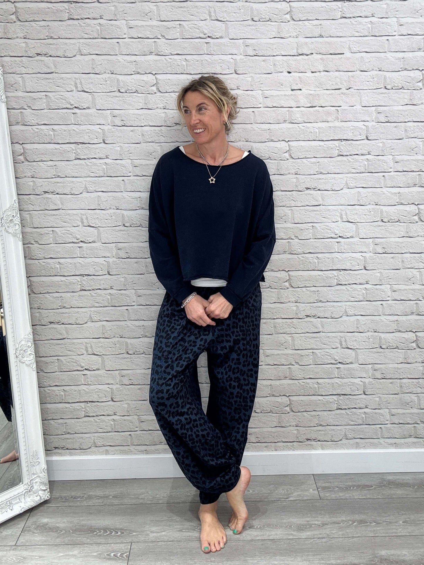 Barrel Slouch Pants | Navy Leopard