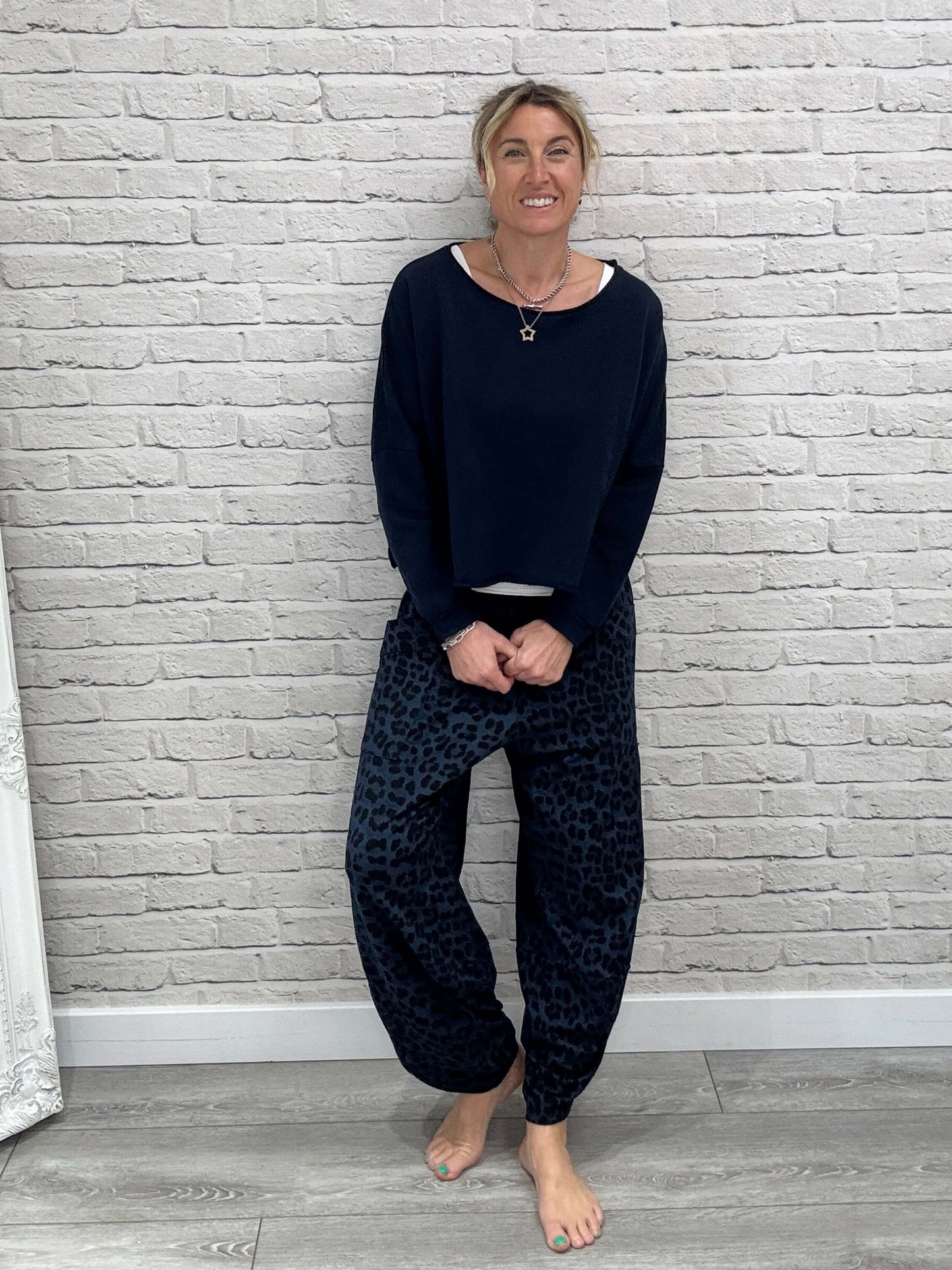 Barrel Slouch Pants | Navy Leopard