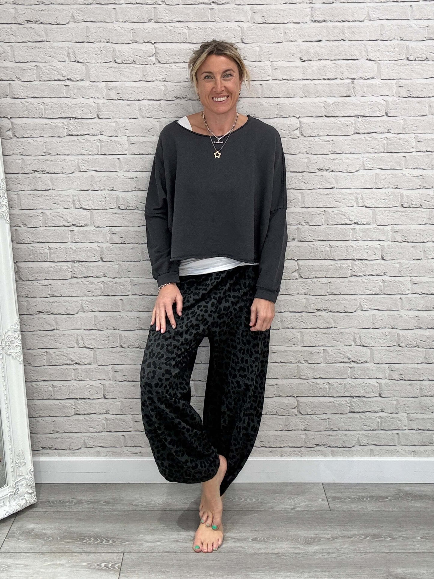 Barrel Slouch Pants | Grey Leopard