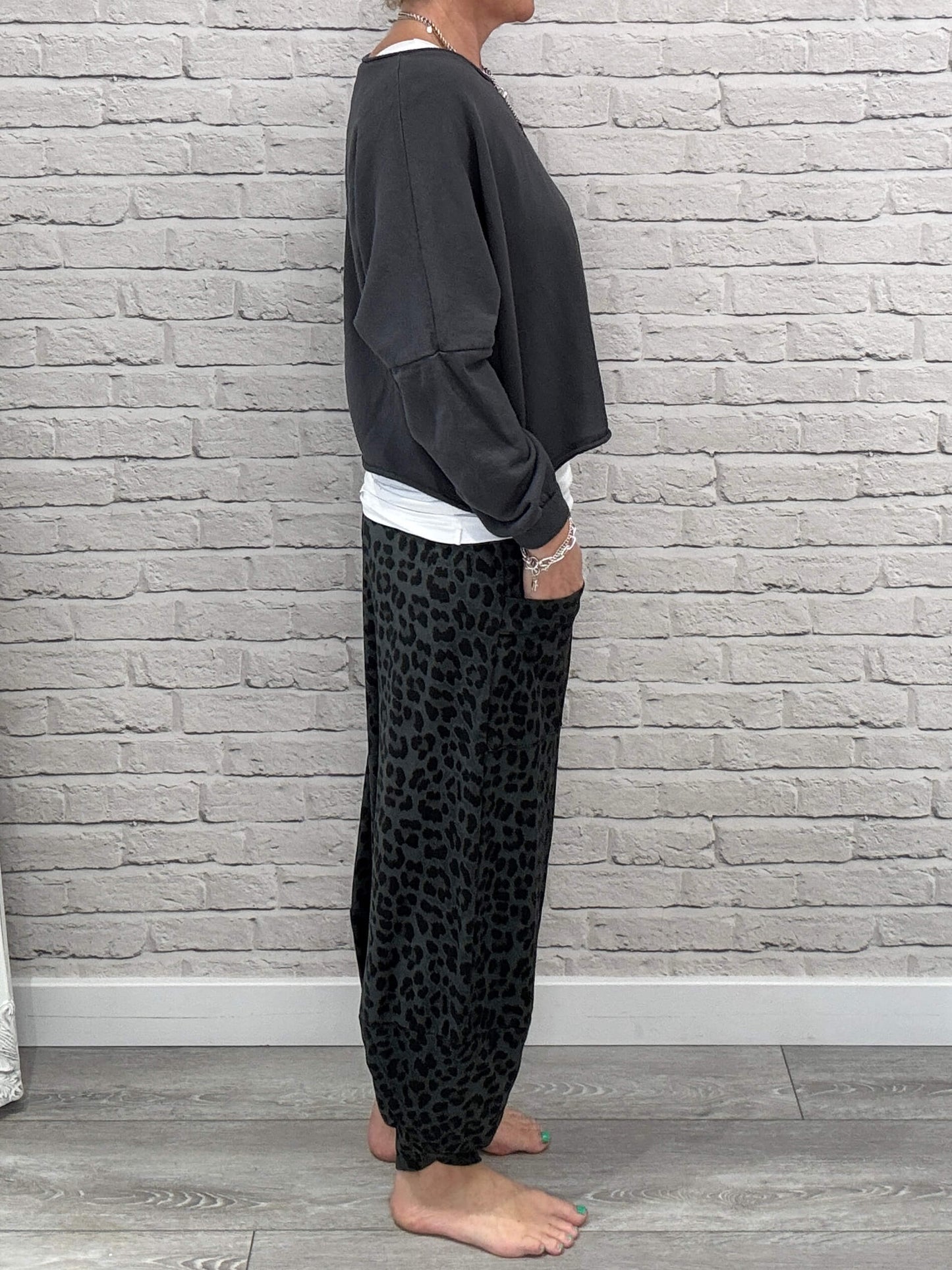 Barrel Slouch Pants | Grey Leopard
