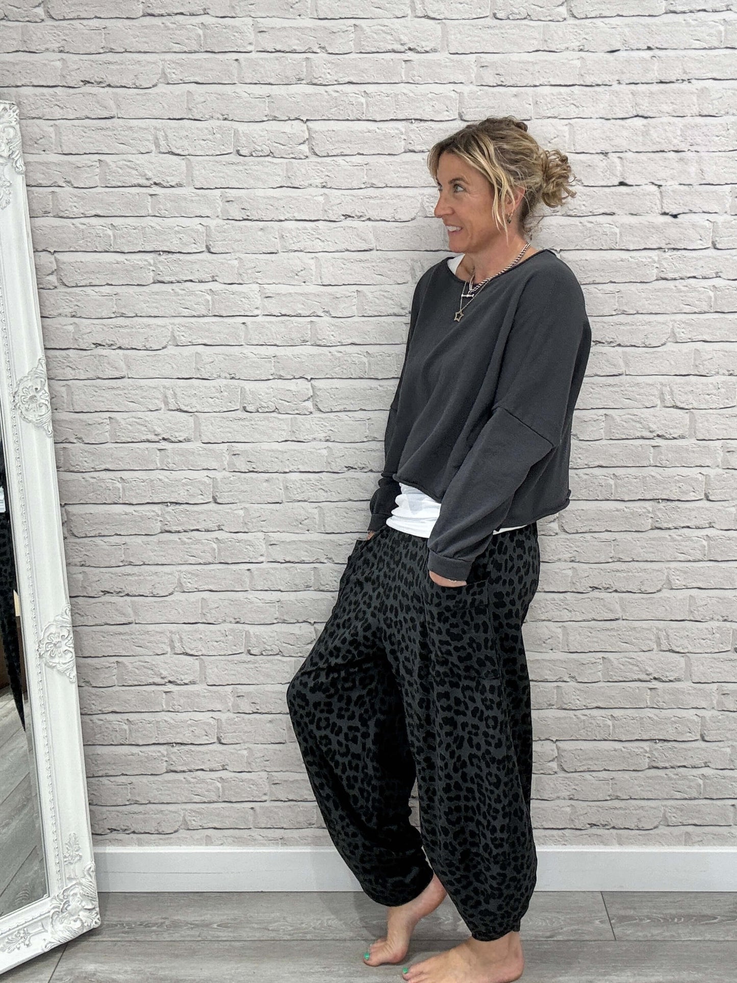 Barrel Slouch Pants | Grey Leopard