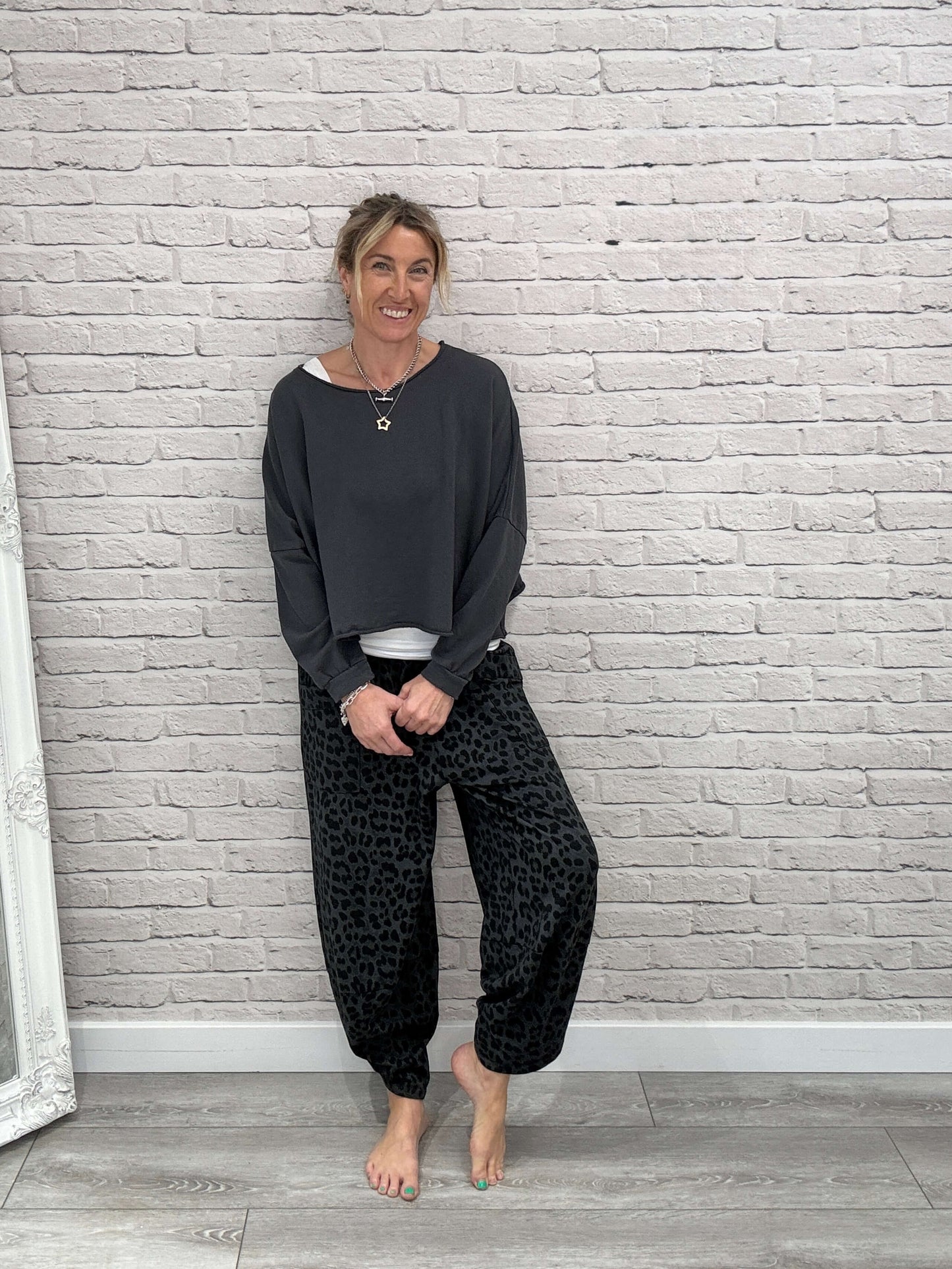 Barrel Slouch Pants | Grey Leopard