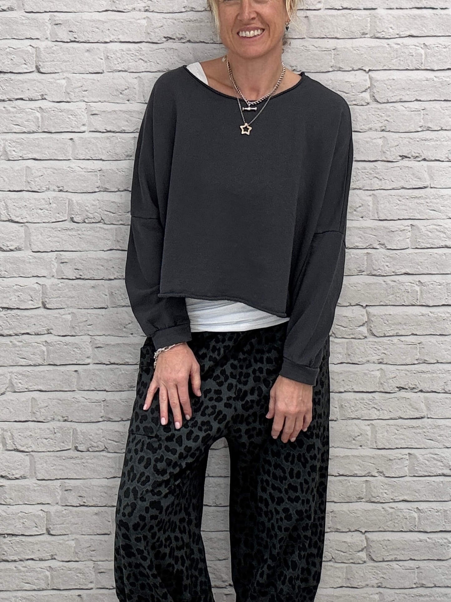 Barrel Slouch Pants | Grey Leopard