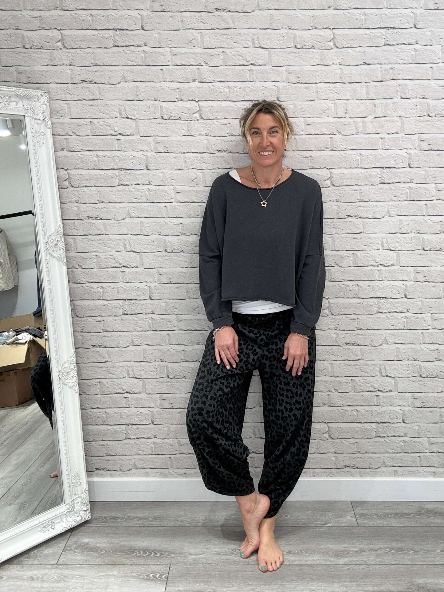 Barrel Slouch Pants | Grey Leopard