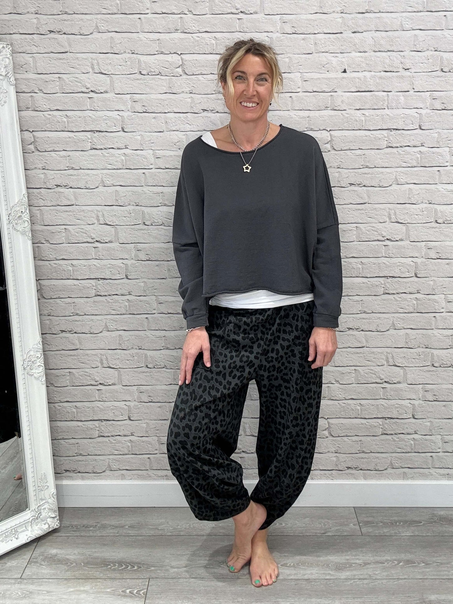 Barrel Slouch Pants | Grey Leopard