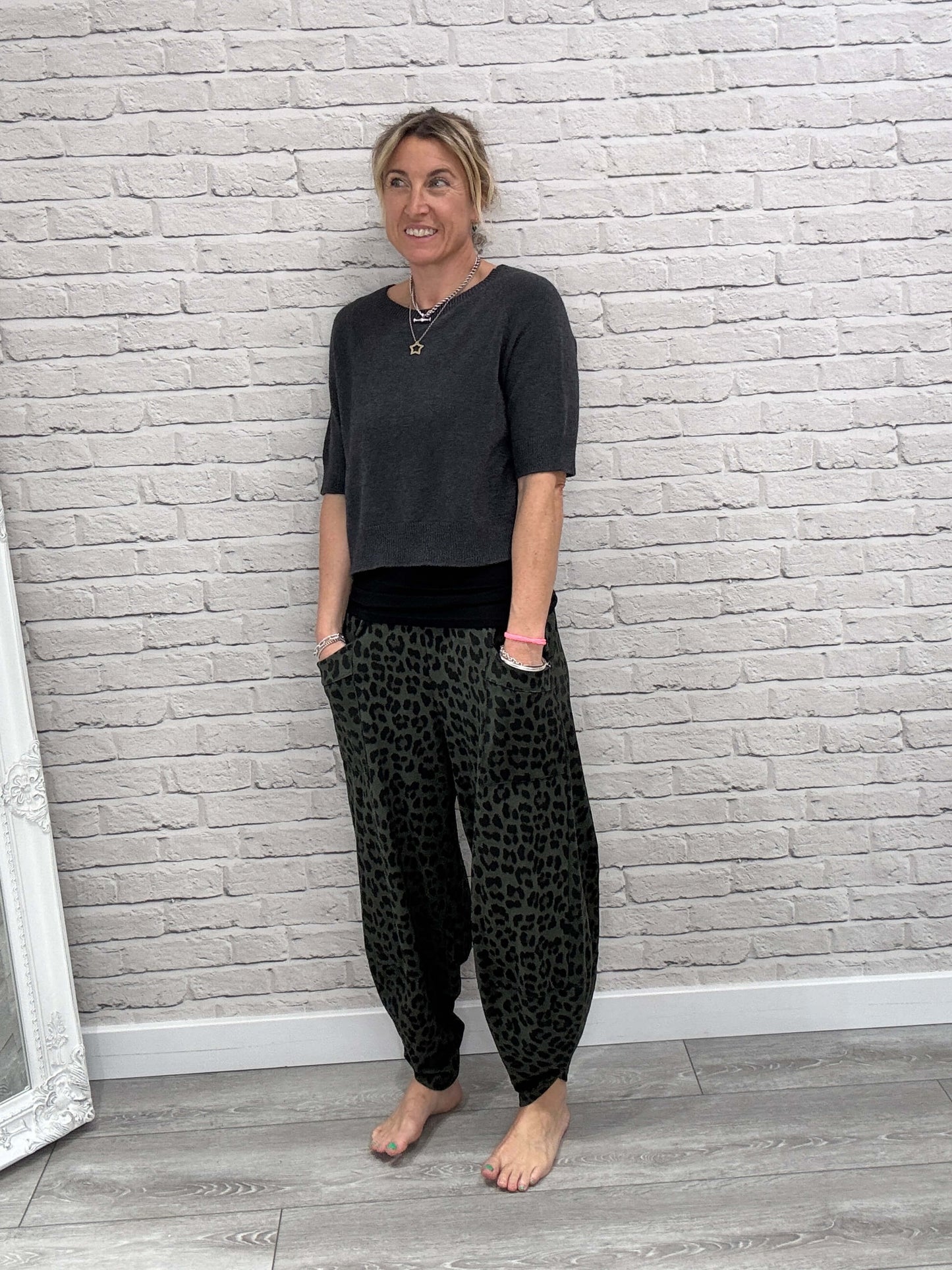 Barrel Slouch Pants | Dark Green Leopard (NEW)